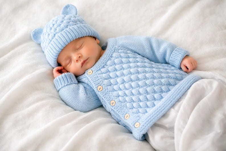 Bubble Stitch Cardigan & Bear Hat Knitting Pattern