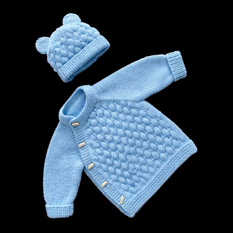 Bubble Stitch Cardigan & Bear Hat Knitting Pattern