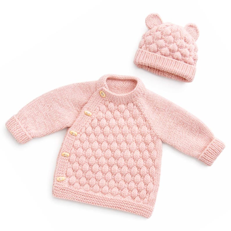 Bubble Stitch Cardigan & Bear Hat Knitting Pattern