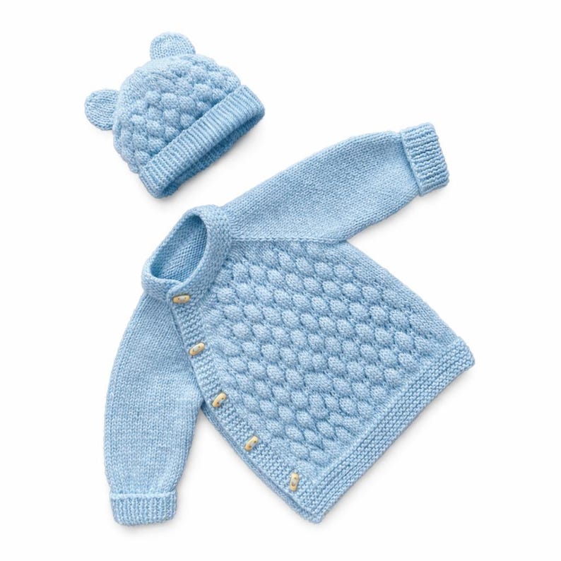 Bubble Stitch Cardigan & Bear Hat Knitting Pattern
