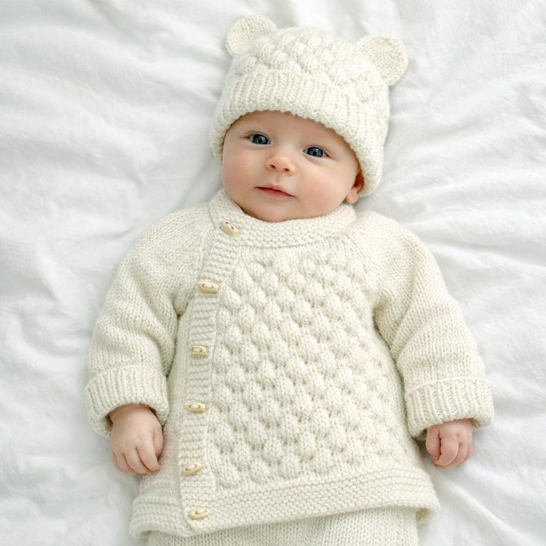 Bubble Stitch Cardigan & Bear Hat Knitting Pattern