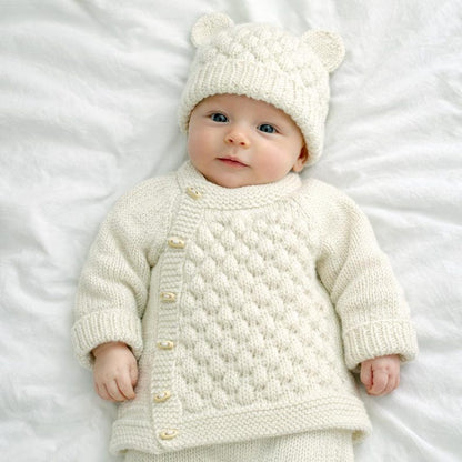 Bubble Stitch Cardigan & Bear Hat Knitting Pattern